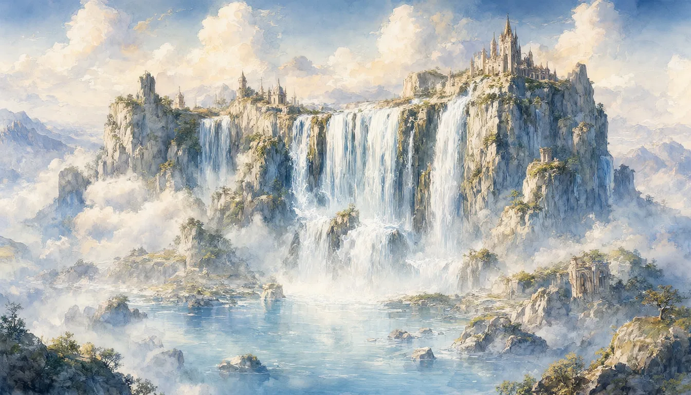 Fantasy Waterfall Into Clouds in watercolour