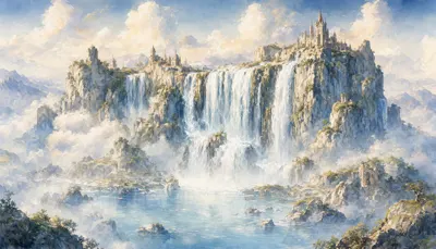 Fantasy Waterfall Into Clouds in watercolour