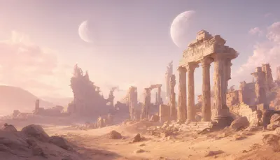 Fantasy Desert Ruins Under Two Moons in a soft palette