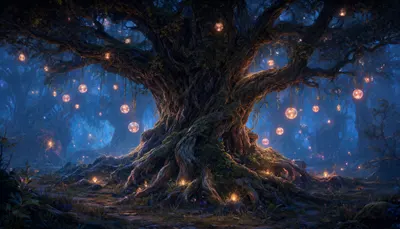 Fantasy Giant Tree With Glowing Orbs in a deep palette