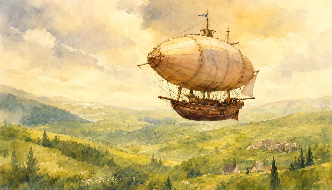 Fantasy Airship Above Green Valleys in a warm palette