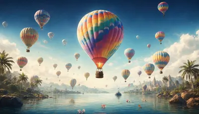 Fantasy Hot Air Balloons Over A Lake with subtle grain