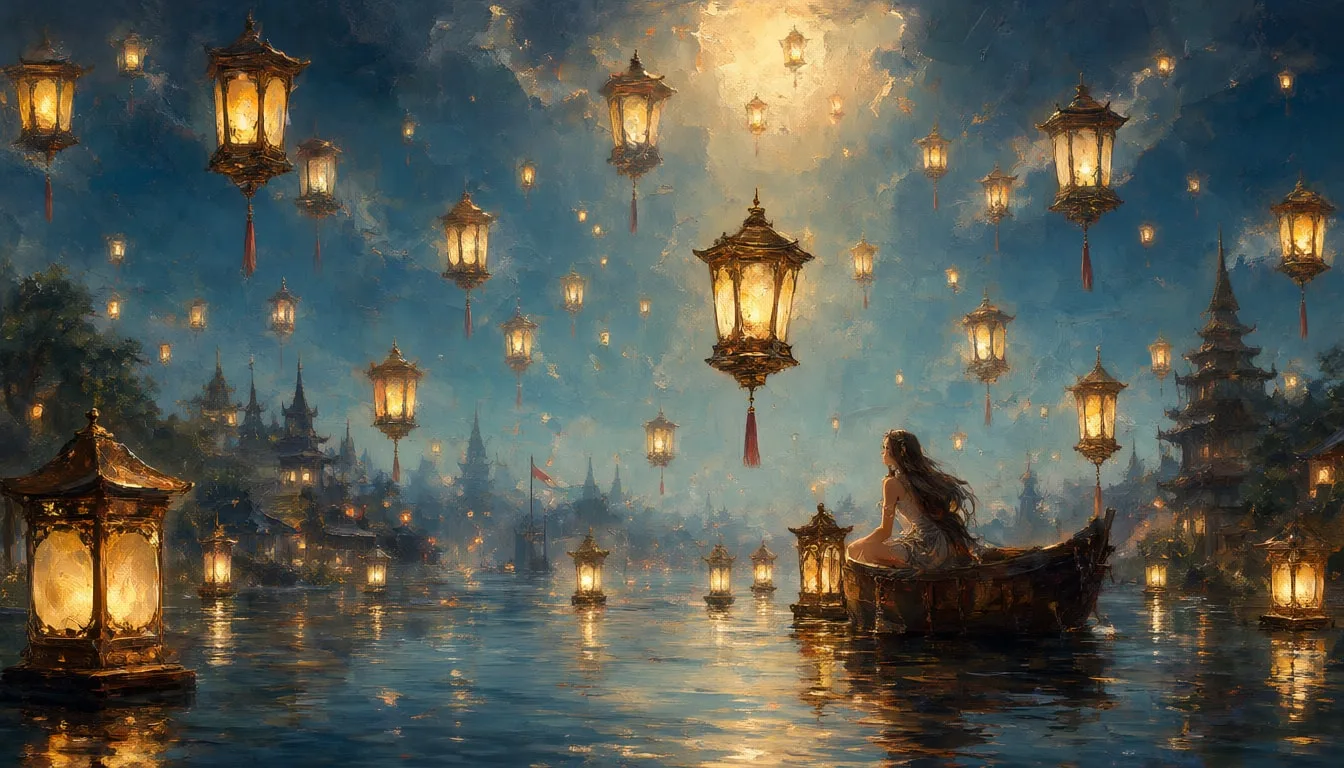 Fantasy Floating Lanterns Over Water in an oil painting style