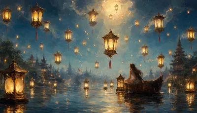 Fantasy Floating Lanterns Over Water in an oil painting style