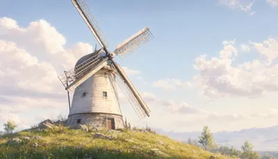 Fantasy Windmill On A Grassy Hill in a soft palette
