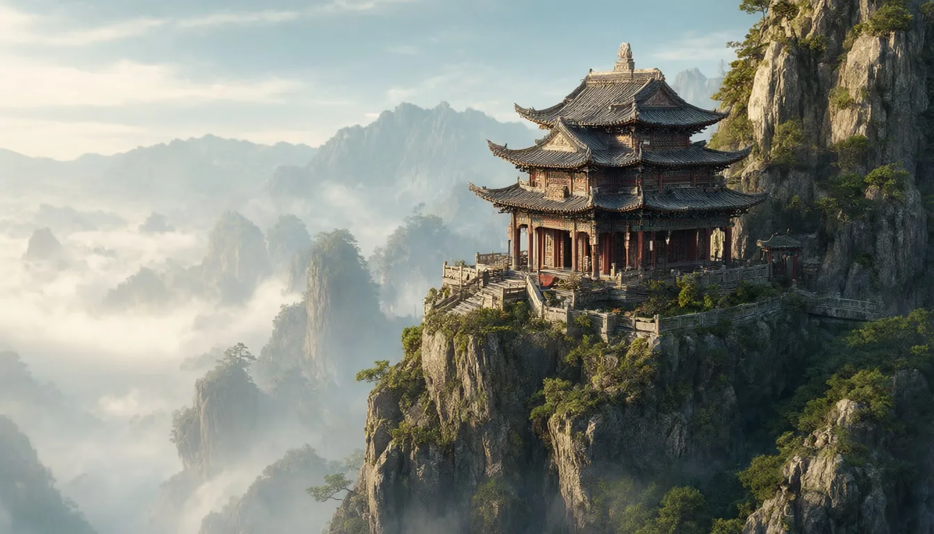 Fantasy Cliffside Temple In Mist