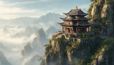 Fantasy Cliffside Temple In Mist