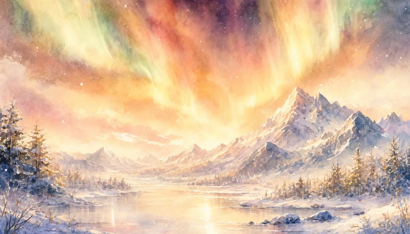 Fantasy Aurora Over Snowy Peaks in a warm palette