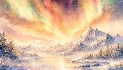 Fantasy Aurora Over Snowy Peaks ในพาเลตต์โทนสีอบอุ่น