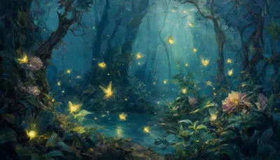 Fantasy Garden With Fireflies in a cool palette