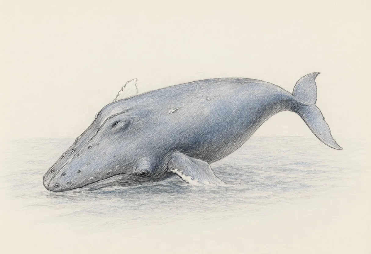 Blue Whale beside calm water Pencil Sketch