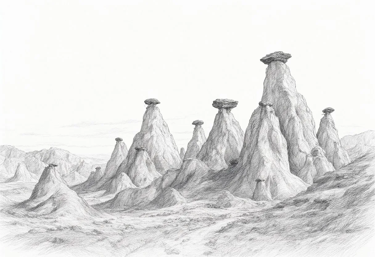 Hoodoo Rock Formations at dawn Pencil Sketch