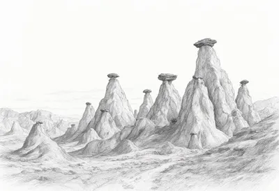 Hoodoo Rock Formations at dawn Pencil Sketch