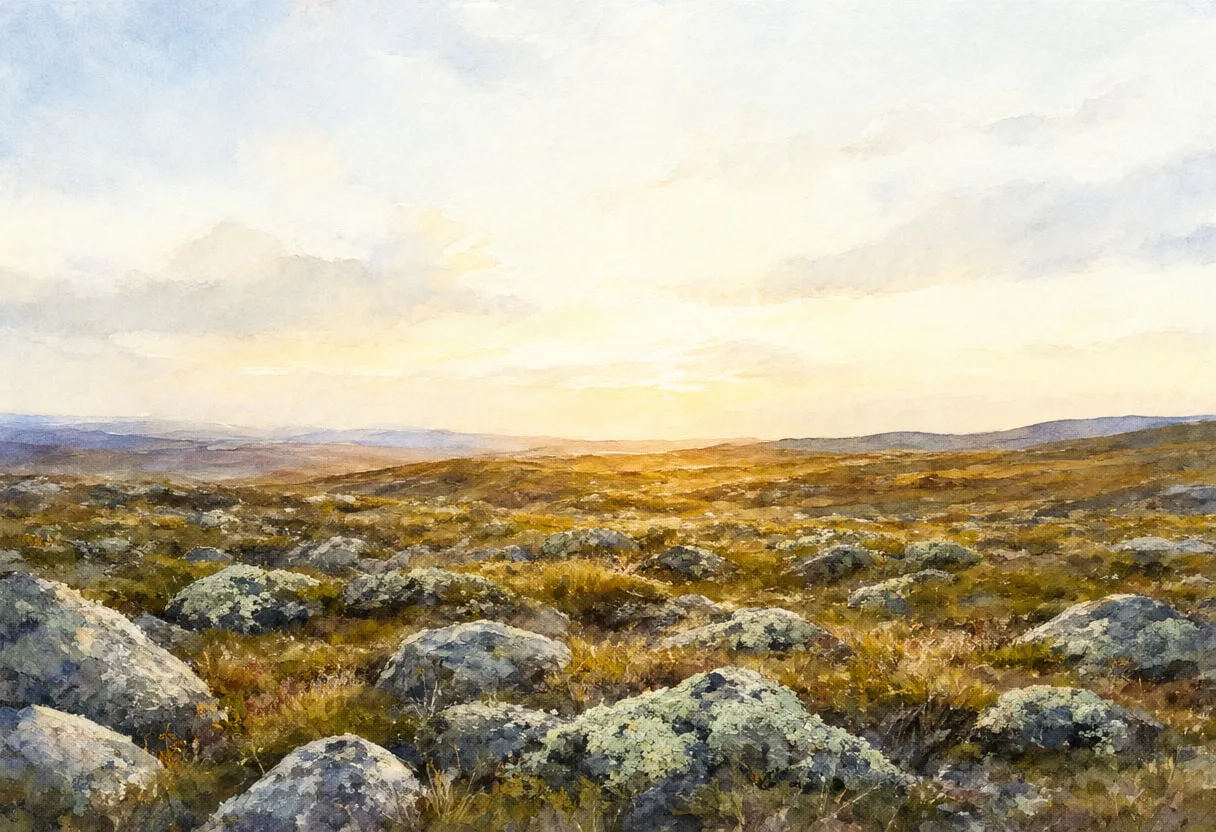 Tundra With Lichen Stones at golden hour Watercolour