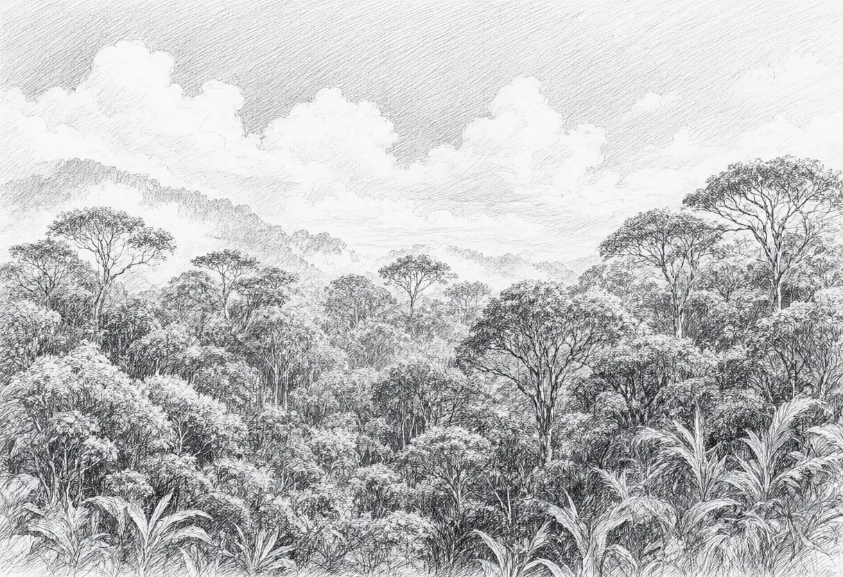 Cloud Forest Canopy under a dramatic sky Pencil Sketch
