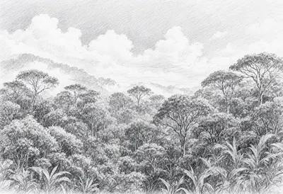Cloud Forest Canopy under a dramatic sky Pencil Sketch
