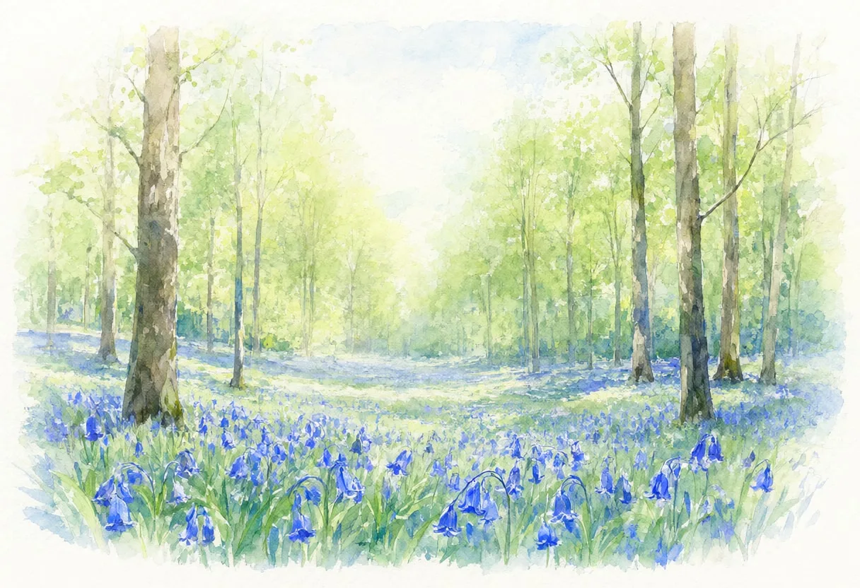 Spring Woodland With Bluebells after rain Watercolour