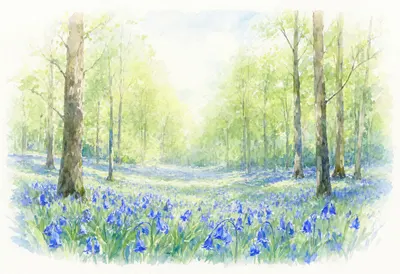 Spring Woodland With Bluebells after rain Watercolour