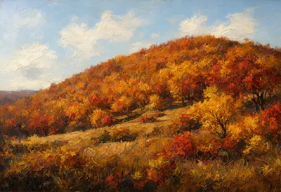 Autumn Maple Hillside Oil Painting
