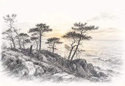 Coastal Pine Headland at golden hour Pencil Sketch