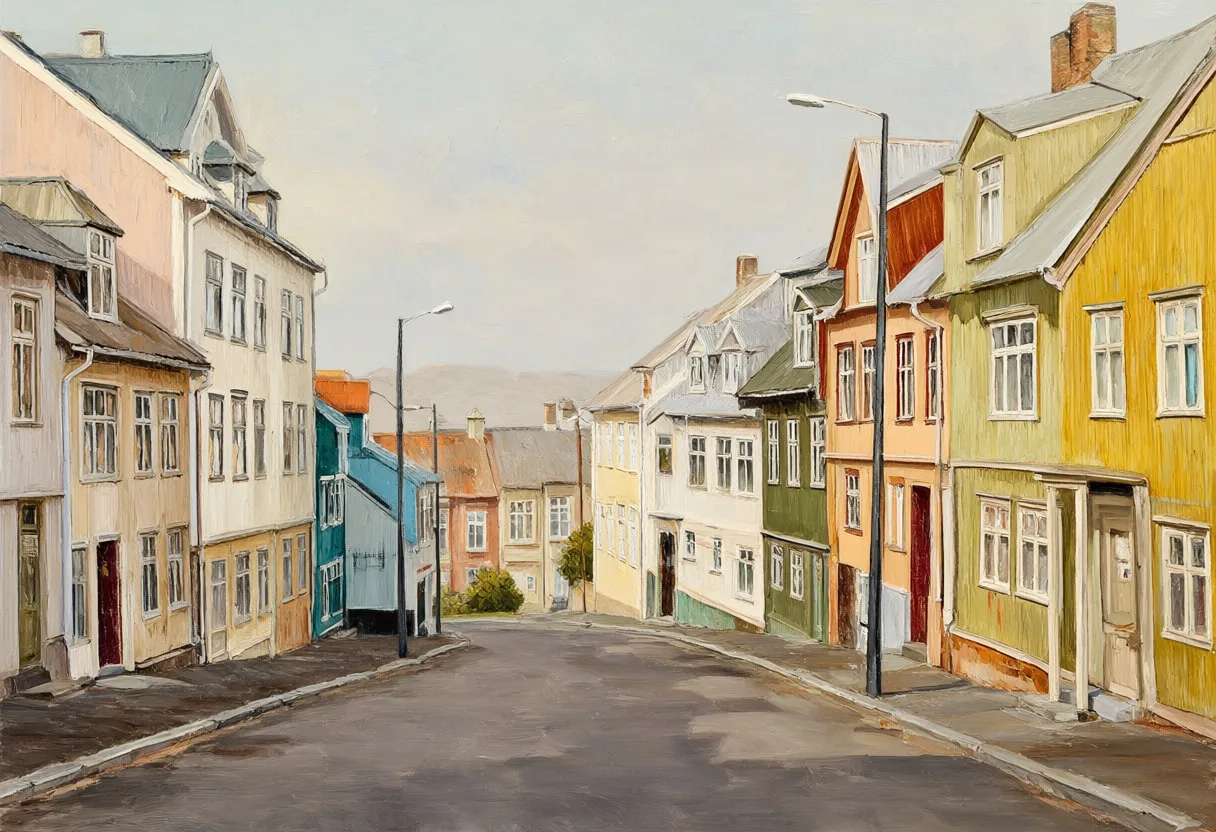 Reykjavik Colourful Street in soft mist Oil Painting