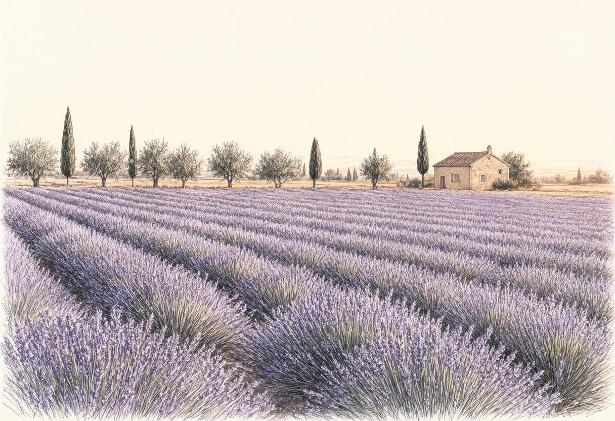 Provence Lavender Farm in warm evening light Pencil Sketch