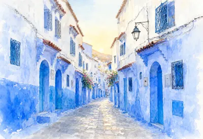 Chefchaouen Blue Street at sunrise Watercolour