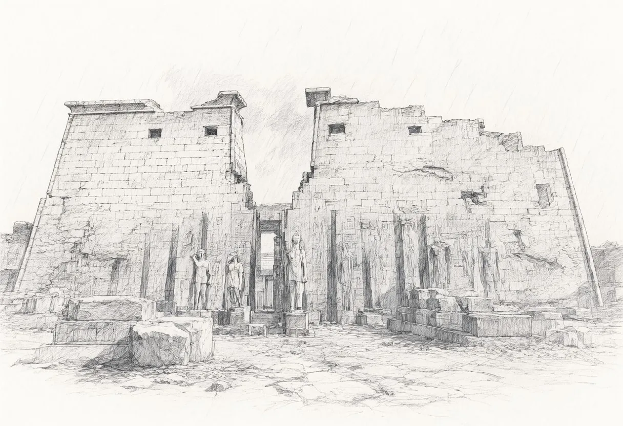 Luxor Temple Gate in the rain Pencil Sketch
