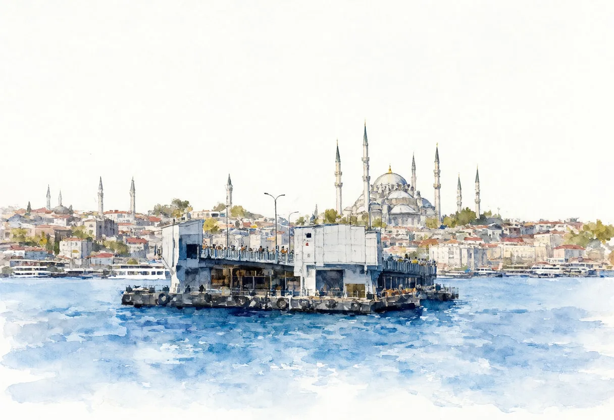 Istanbul Bosphorus on a quiet day Watercolour