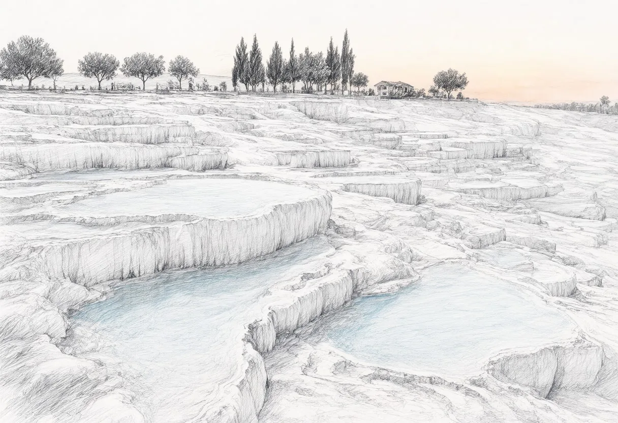 Pamukkale Terraces at sunrise Pencil Sketch