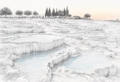 Pamukkale Terraces at sunrise Pencil Sketch