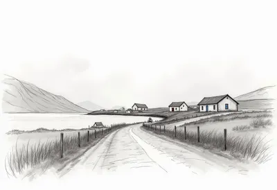 Faroe Islands Village on a quiet day Pencil Sketch