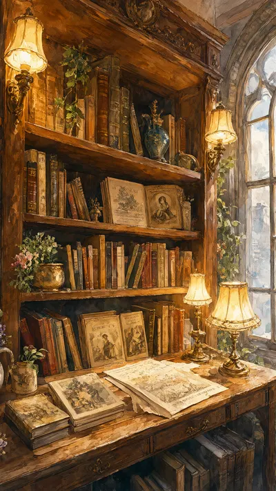 Bookshop Shelf With Warm Lamps in watercolour