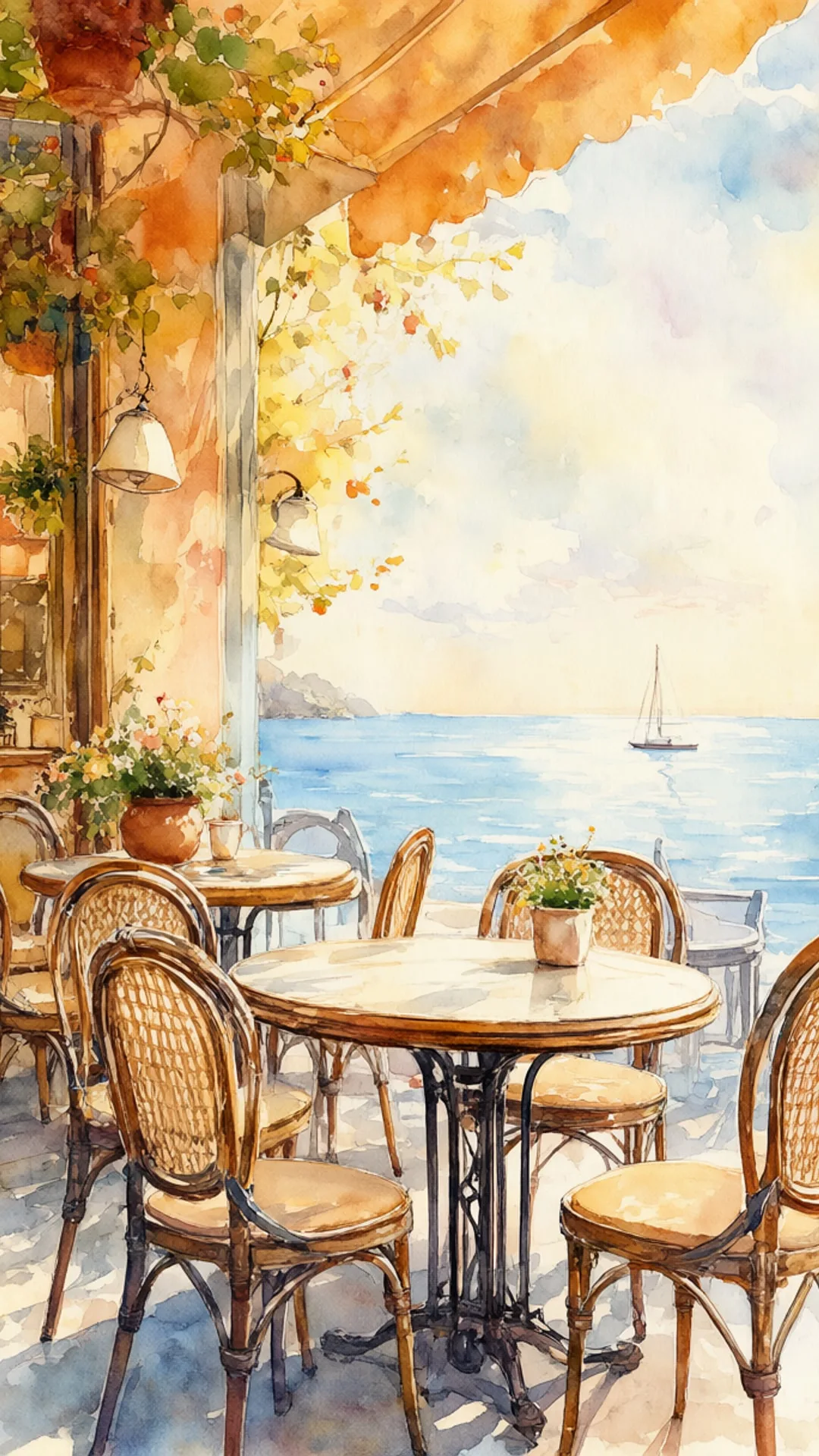 Seaside Cafe With Empty Chairs in a warm palette
