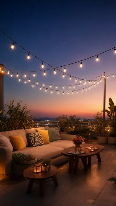 Rooftop Terrace With String Lights with subtle grain