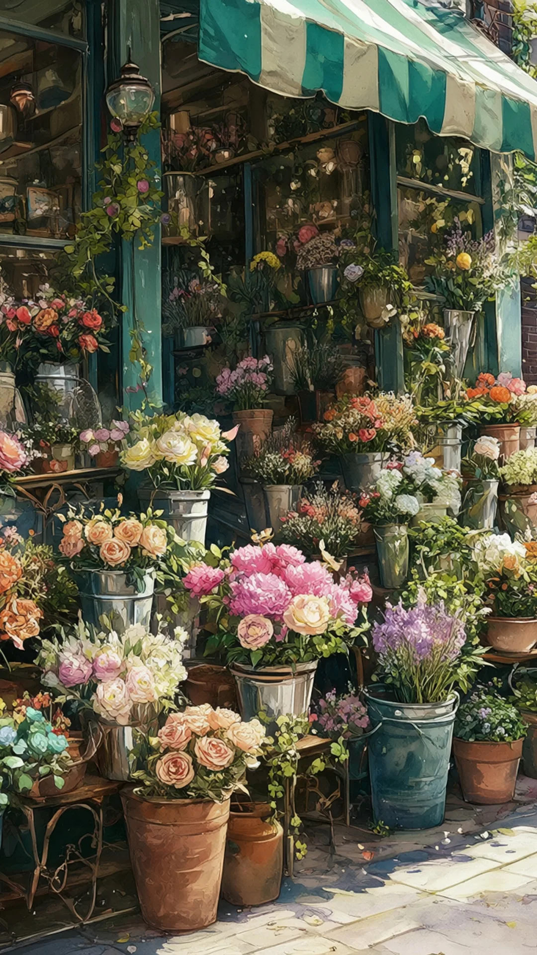 Flower Shop Front With Buckets in watercolour