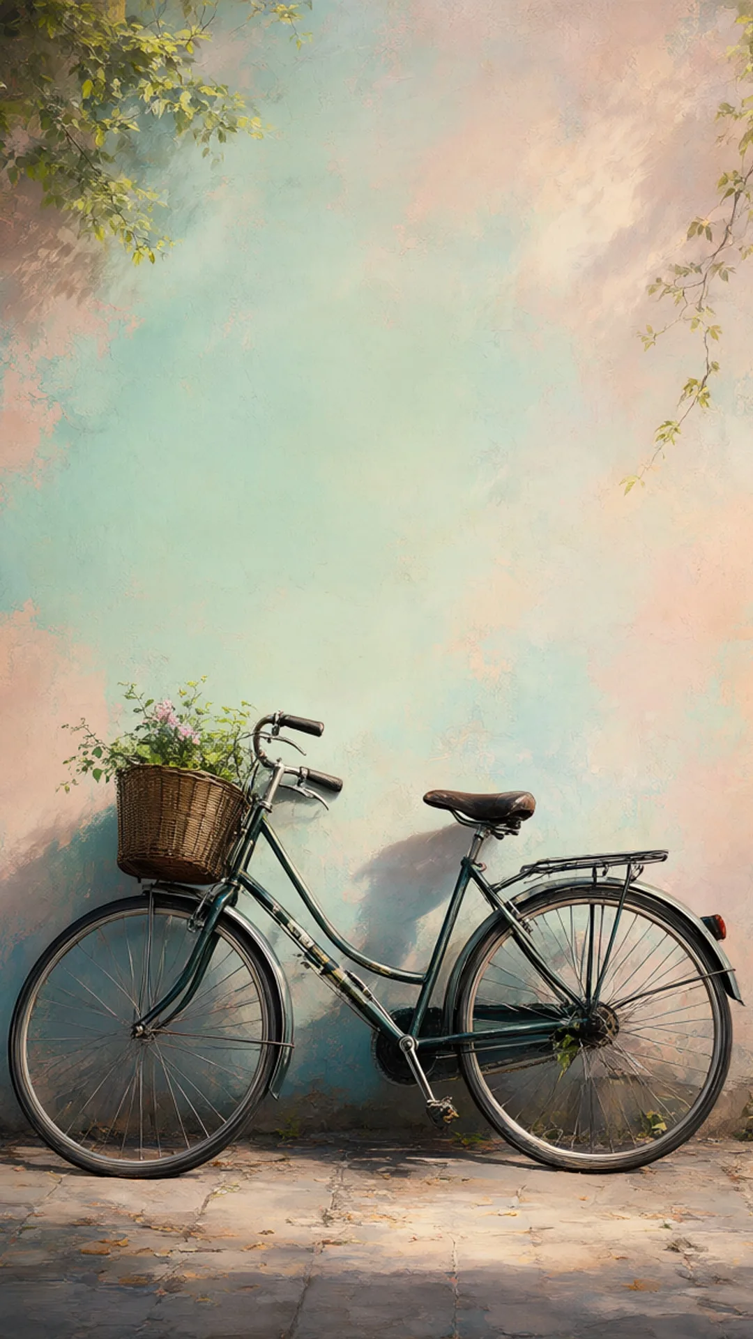 Bicycle Leaning On A Pastel Wall in an oil painting style