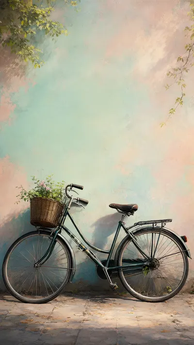 Bicycle Leaning On A Pastel Wall in an oil painting style