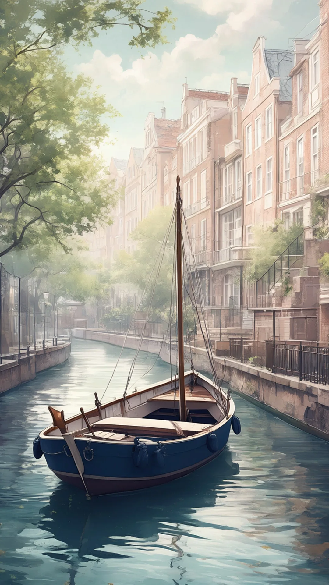 Small Boat Moored On A Calm Canal in a soft palette
