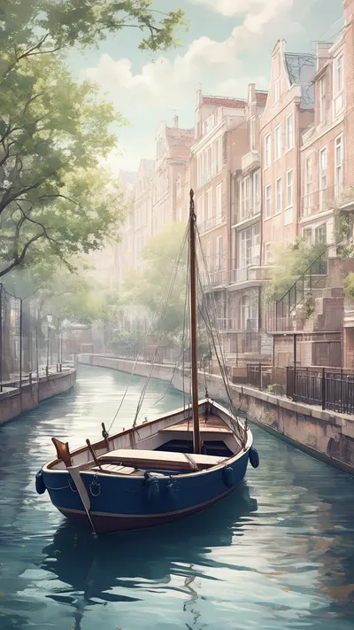 Small Boat Moored On A Calm Canal in a soft palette