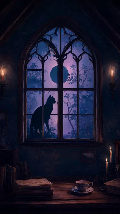 Attic Window With A Cat Silhouette in a deep palette