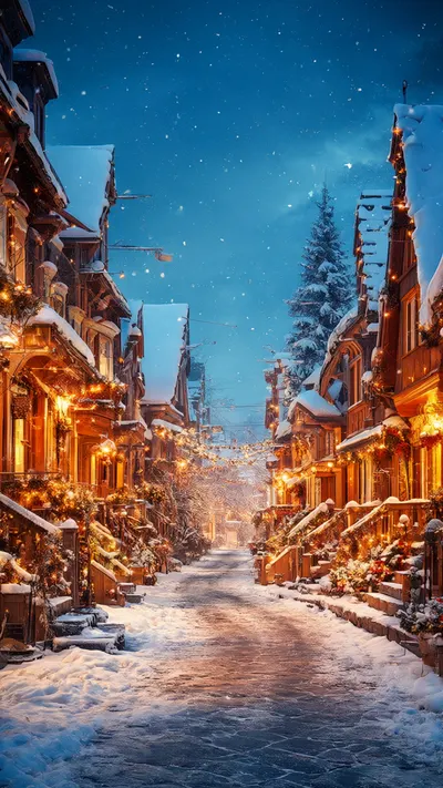 Snowy Village Street With Warm Lights with subtle grain