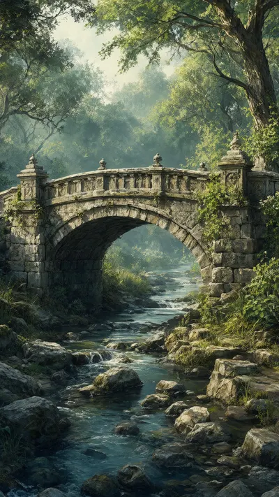สะพานหินเก่าเหนือลำธารในสีน้ำ