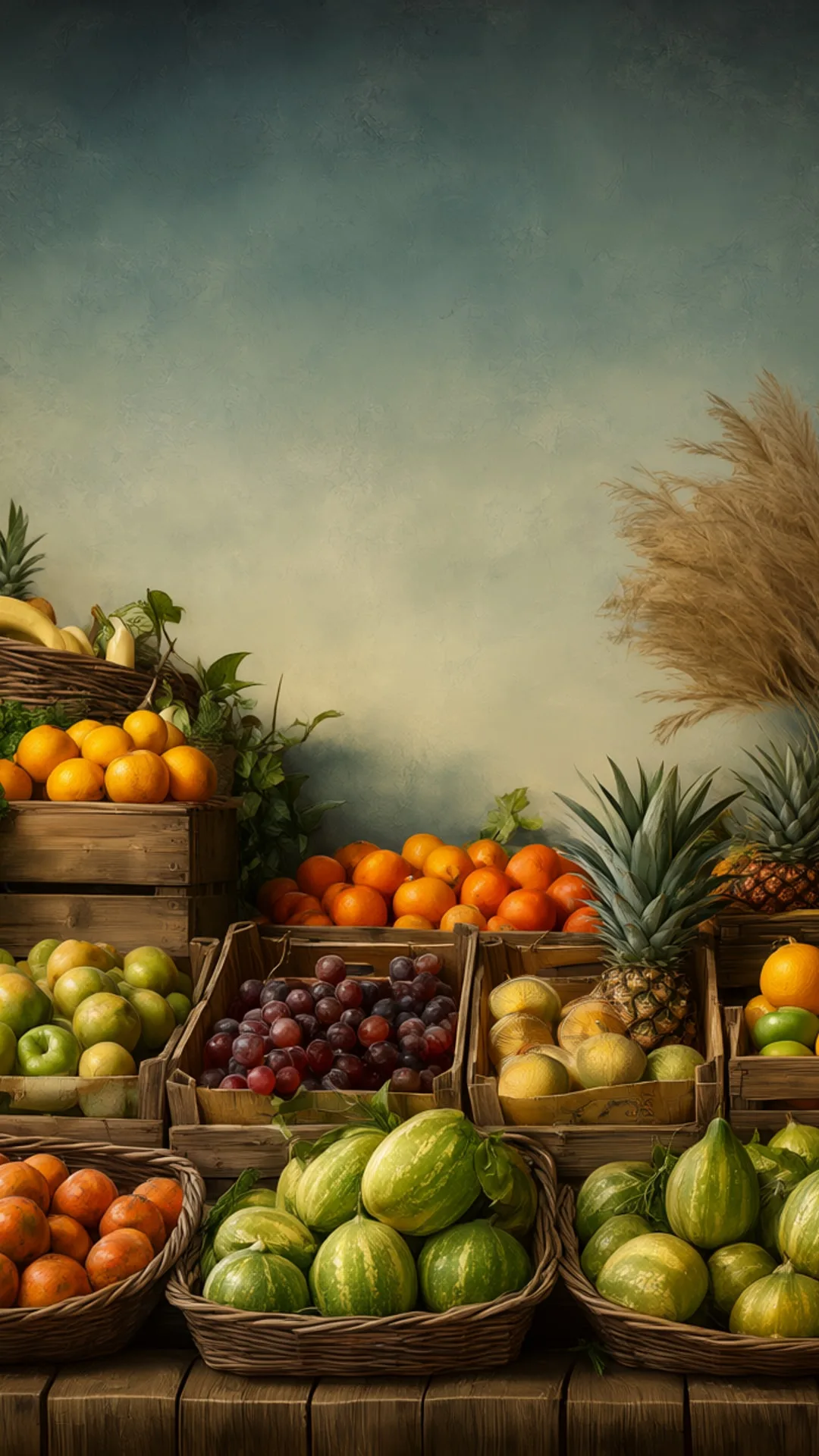 Market Stall With Fruit Crates in an oil painting style