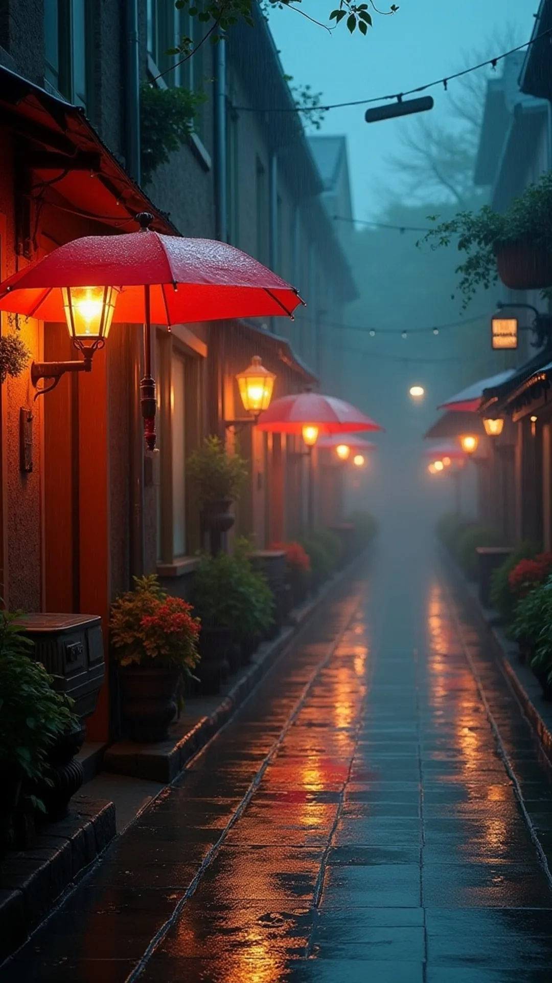 Rainy Street With Umbrellas And Lamps