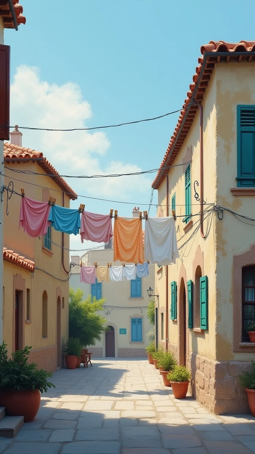 Laundry Line Between Old Houses in a cool palette