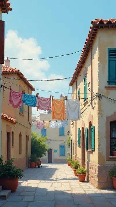Laundry Line Between Old Houses in a cool palette