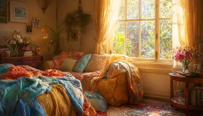 Cozy Room With Warm Window Light with subtle grain