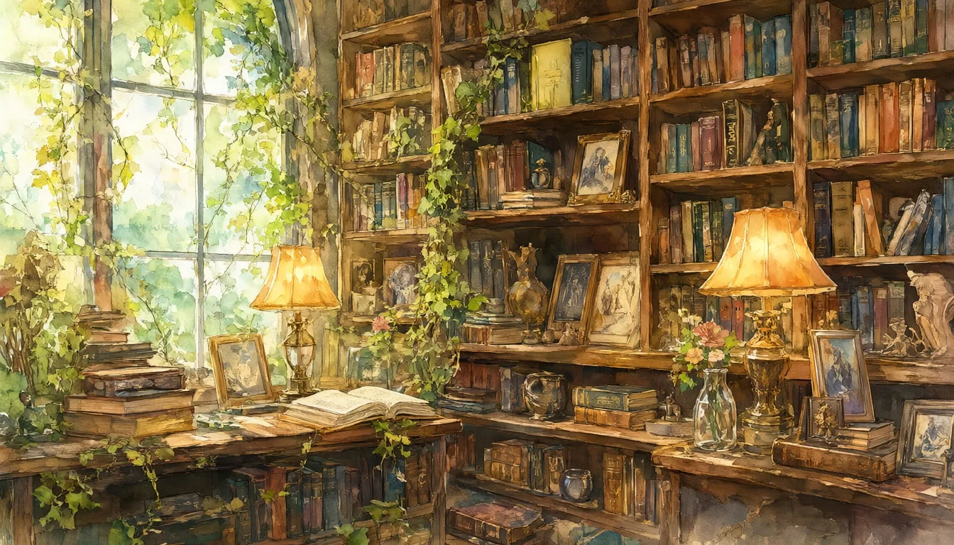 Bookshop Shelf With Warm Lamps in watercolour