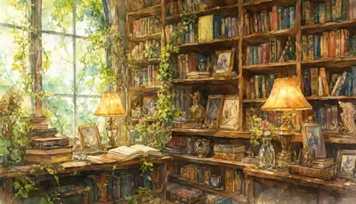 Bookshop Shelf With Warm Lamps in watercolour